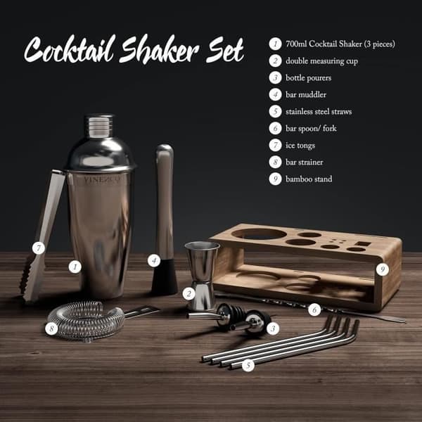 Cocktailshaker-set - VINENCO - 700 ml - Rostfritt stål - 10 delar - Elegant design manhattan