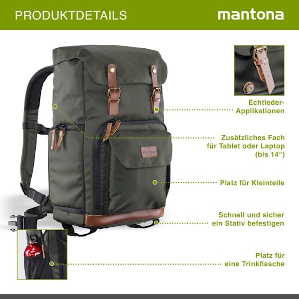 Kameraryggsäck - mantona - Luis - Nylon - Läder - Grön