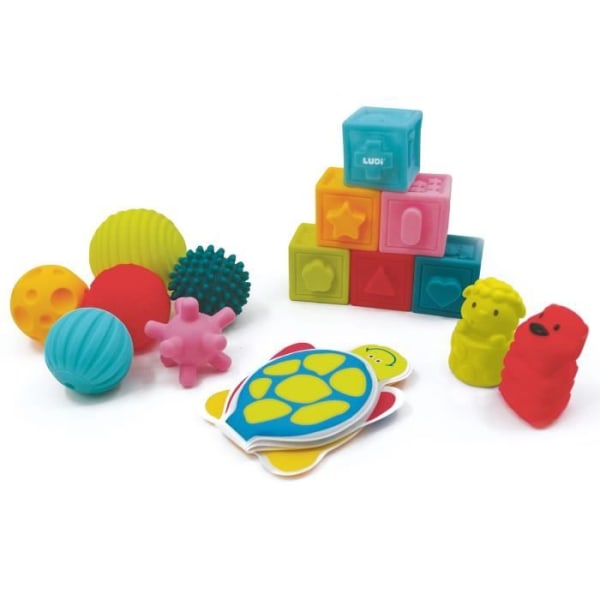 LUDI Early Learning Toy Box - Kuber, bollar, sprinkler och bok - Att väcka baby och utveckla motoriska färdigheter Flerfärgad