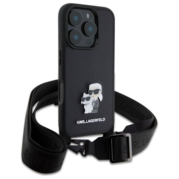 iPhone 16 Pro Max-fodral med metallrem Karl Lagerfeld Saffiano Karl & Choupette (svart)