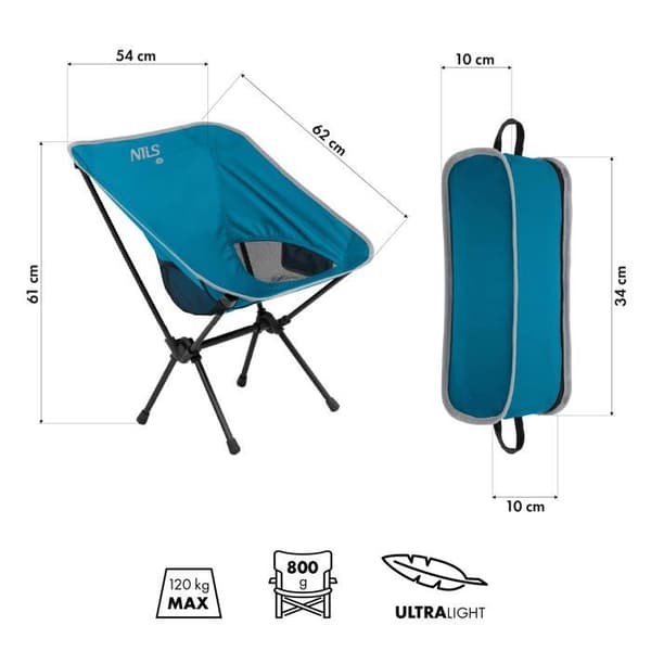 Fällbar ultralätt stol - NILS CAMP - NC3320 - Blå - 0,8 kg - Polyester 600D - PVC-beläggning - Stålramar