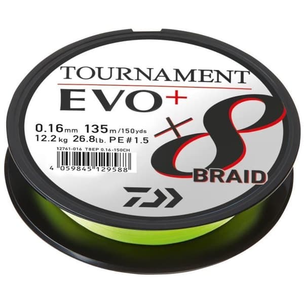 Daiwa Tournament 8 Braid Evo+ — flätad 8-trådig Teflon 0,10 mm, chartreuse/gul