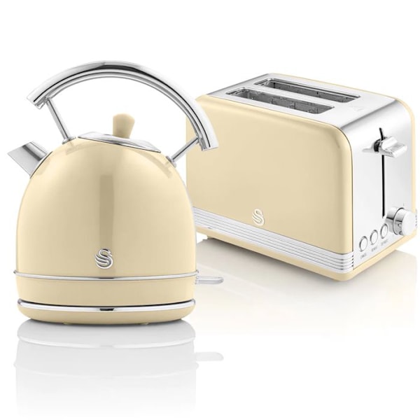 Retro Set Petit-Déjeuner Vattenkokare 1,8L Trådlös, Brödrost 2 Stora Skivor SWAN STP7050CNEU 850W Grädde 57942 Grädde
