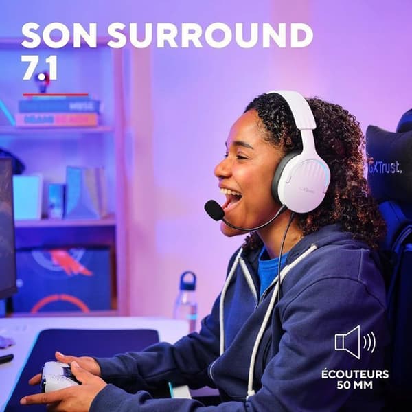 Spelheadset – TRUST GXT 490 Fayzo – USB – Surround 7.1 – Avtagbar mikrofon – RGB – PC/PS5 – Vit Vit