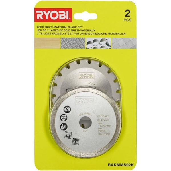 RYOBI - 2-bladssats (1 trä-/metallblad och 1 kakelblad) 85 mm - 15 mm hål för R18MMS multimaterialsåg - RAKKMMS02K