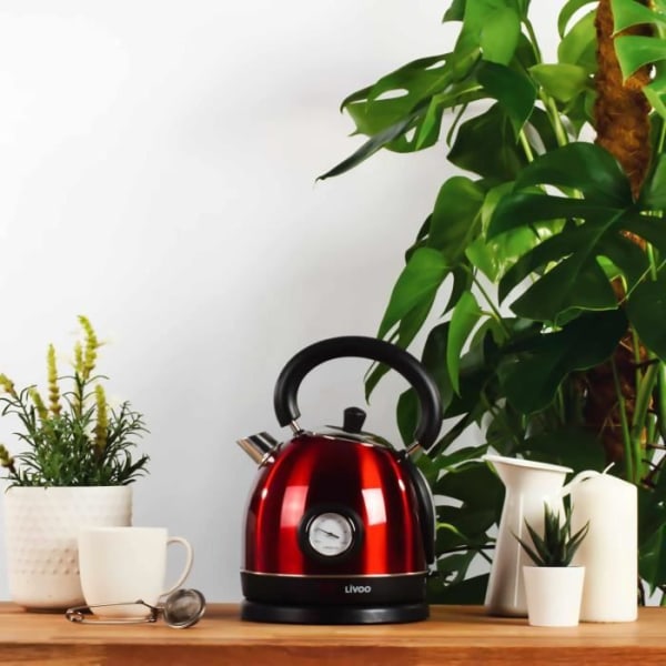 LIVOO DOD157 retro vattenkokare med termometer - Röd - 1800W - 1,8L - Automatisk avstängning och anti-kalkfilter Röd
