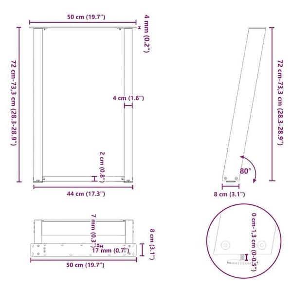 vidaXL U-formade matbordsben, 2 stycken, vit, 50 x (72-73) cm, stål 4012785