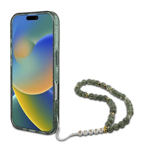 Coque Guess IML Glitter MagSafe med pärlrem för iPhone 16 Plus - Grön Grön