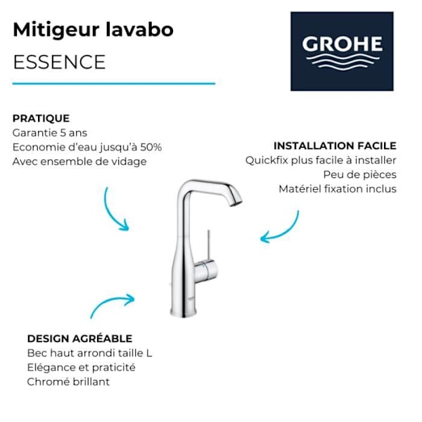 GROHE 1-grepps tvättställsblandare Essence 32628001-360 ° svängbar topprör -Temperaturbegränsare -Vattenbesparande-Chrome-storlek L Grå