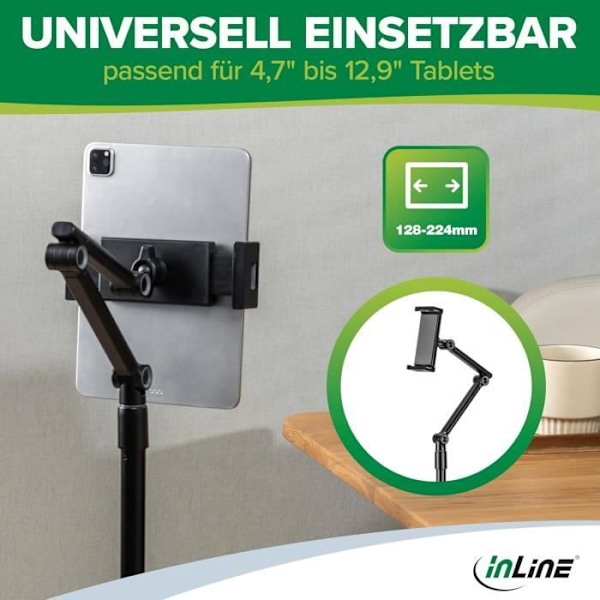 Universell tablet support InLine 55725S med justerbar metallbase som kan justeres i høyden opp til 12,9 for iPad Pro, iPad Air.