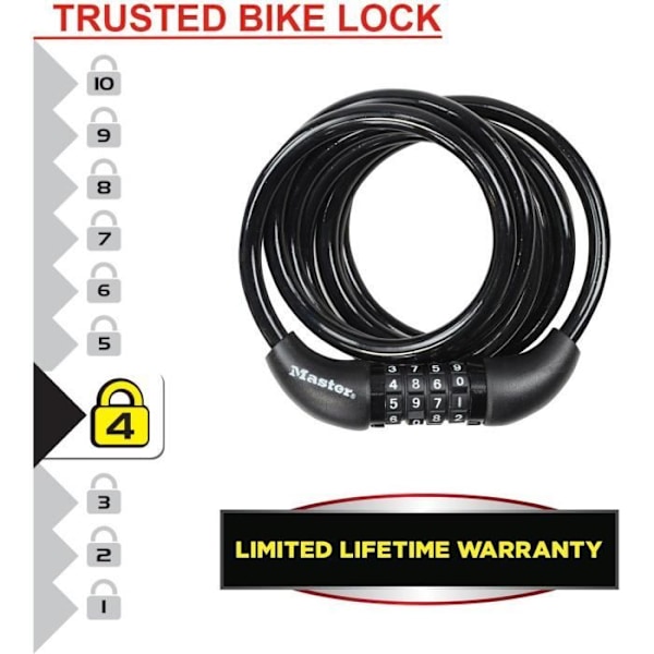 Cykellås - MASTER LOCK - 8221EURDPRO - 1,8 m tvinnad kabel - Programmerbar kombination