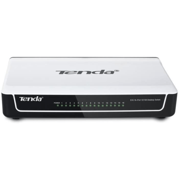 TENDA Switch Desktop 16 portar 10/100 Mbps RJ45, Plug&amp;Play, auto MDI/MDIX, idealisk för stora hyreshus och små och medelstora företag, S16