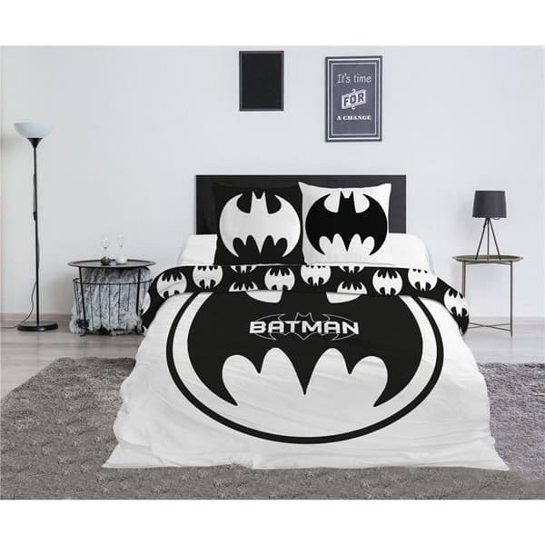 Sängset - BATMAN - Modell Logotyp - 240x220 cm - 3 delar - Tryckt Vändbar Vit