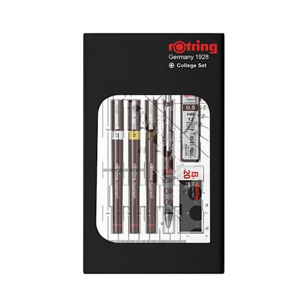 rOtring Set College: Mekanisk penna 0,5 + 3 Isograph 0,25/0,35/0,5 mm + radergummi + fodral med 12 HB-ledningar + 23 ml bläckflaska + kompassklämma kastanj