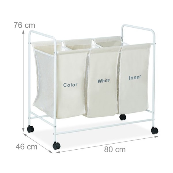 Relaxdays 3-fack tvättkorg, 100 liter, 3-fack tvättkorg, hjulförsedd tvättpåse, 76 x 80 x 46 cm, beige beige, vit, svart