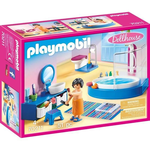 PLAYMOBIL 70211 Badrum med badkar, dockskåp La Maison Traditionnelle, 51 stycken, från 4 år och uppåt Blå