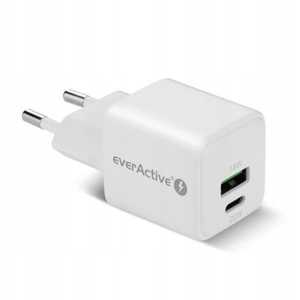 Väggladdare - EVERACTIVE - SC-330 - GaN - 1x USB-A & 1x USB-C - USB-C PD 20W (QC3.0)