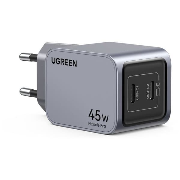 Nettadapter - UGREEN - GaN 2 USB-C-portar - 45W - Grå Anodiserad grå och svart