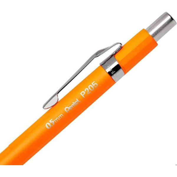 Pentel P205 automatisk mekanisk penna, 0,5 mm, enkel penna, fluorescerande orange Grå