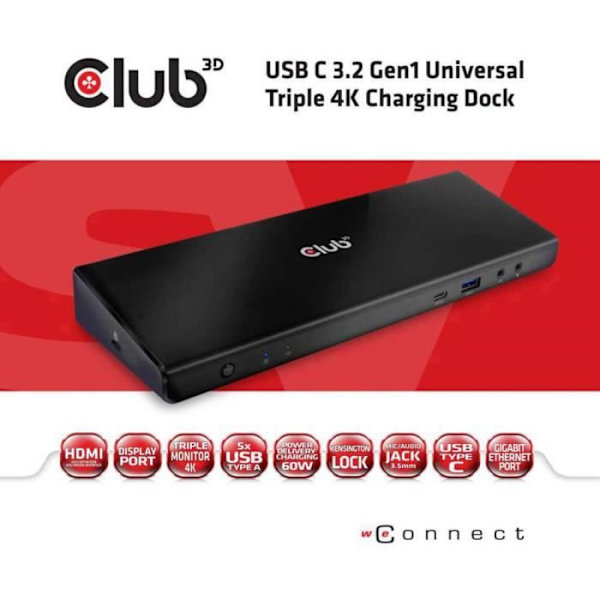 Dockningsstation - CLUB 3D - CSV-1562 svart - Trippel 4K - USB typ C® 3.2 Gen1 - Mångsidig anslutning