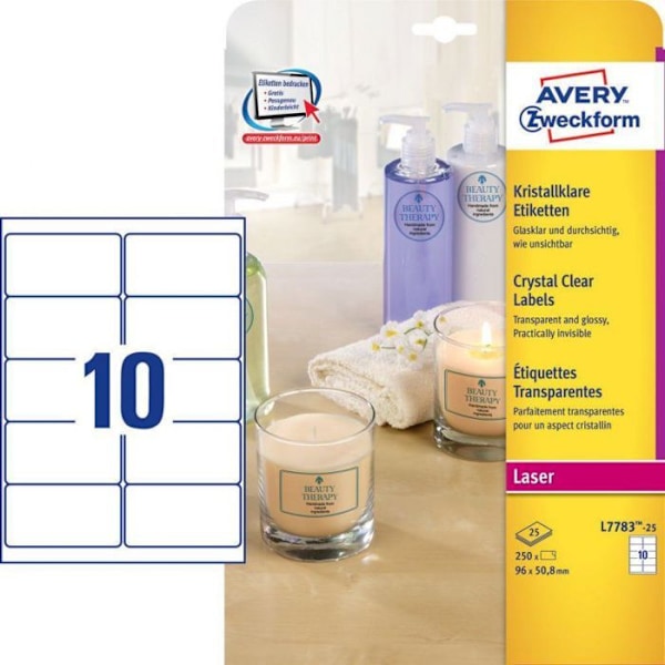 Avery Zweckform transparenta produktetiketter, klar kristall, 96 x 50,8 mm (L7783-25)