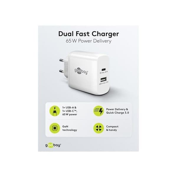 Snabbladdare 65 W Dubbel USB-C PD GaN vit USB-C™ PD och USB-A