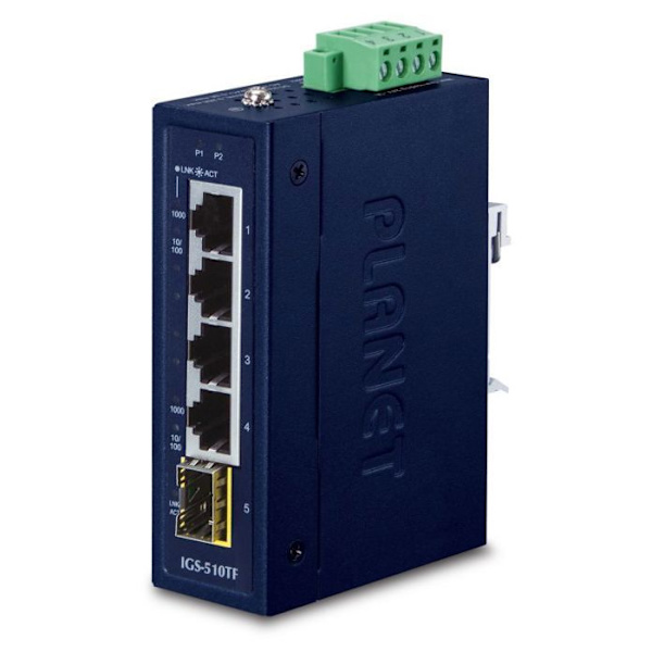 Switch - Ethernet-nav - injektor Planet Switch industriell IP30 4 Giga-portar + 1 SFP -40/+75°C