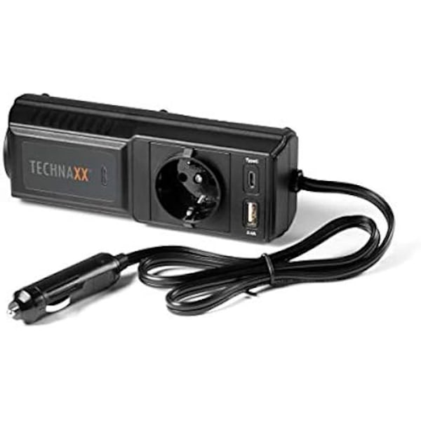 Bilomvandlare - TECHNAXX - 200W - 2 USB-portar - Schuko-kontakt - Multi-säkerhetsskydd Svart