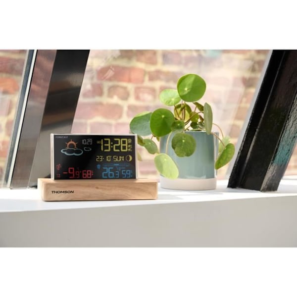 Väderstations väckarklocka - THOMSON - Mörk trä - Temperaturdisplay, Hygrometri, Dubbelt larm, USB-C, Trådlös sond Trä