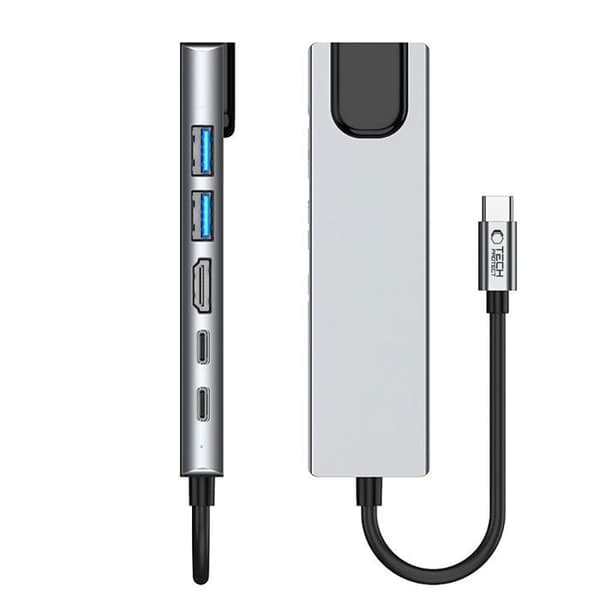 Adapter Hub 6 I 1 Tech-Protect Hb02 Typ-C + Usb 2.0 + Usb 3.0 + Hdmi 4K 30 Hz + Rj45 + Pd100 W Grå Sidereal