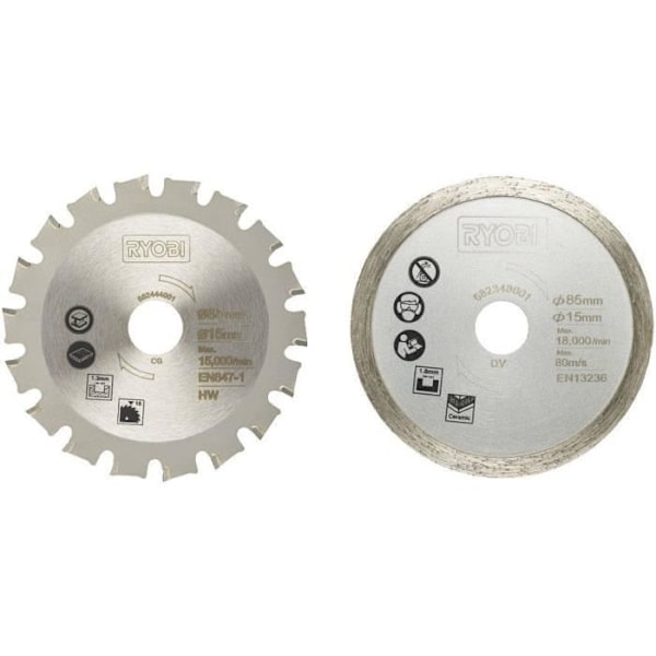 RYOBI - 2-bladssats (1 trä-/metallblad och 1 kakelblad) 85 mm - 15 mm hål för R18MMS multimaterialsåg - RAKKMMS02K