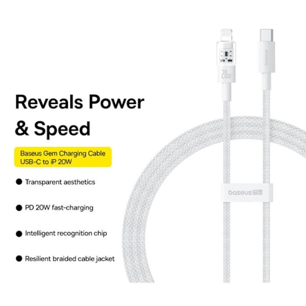 USB-C till Lightning-kabel, Snabbladdning 20W, 1m - Baseus Gem (P103737300121211-00) - Mångfaldig vit