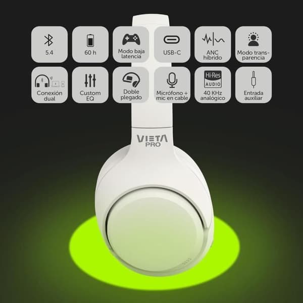 Vieta Pro Calm 2 — Hybrid Bluetooth-hörlurar med ANC, USB-C, 60h, mikrofon, Dual Pairing Vit