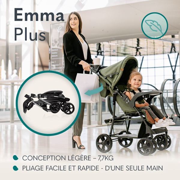 Lättvikts sittvagn LIONELO Emma - Snabb strand - 6-36 månader - Väska ingår - Stort korg - Kaki Grön, brun