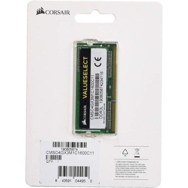 RAM-minne - CORSAIR - ValueSelect DDR3L - 4GB 1x4GB DIMM - 1600 MHz - 1,35V (CMSO4GX3M1C1600C)