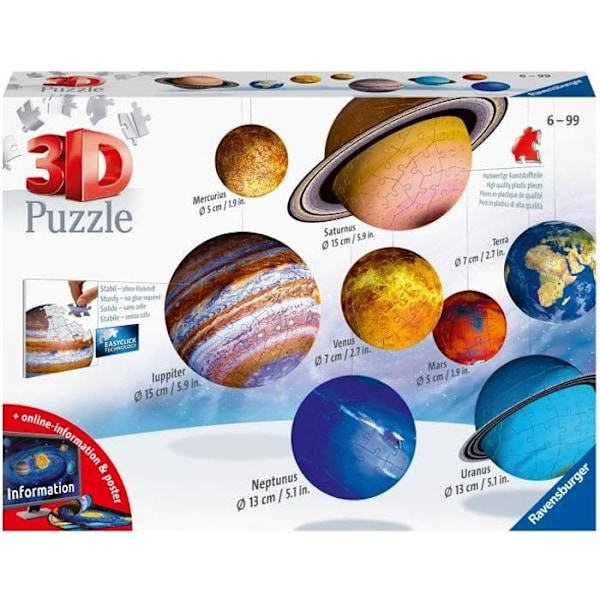 3D Pussel Solar System - Ravensburger - 8 planeter - 522 bitar - Från 6 år gammal Flerfärgad