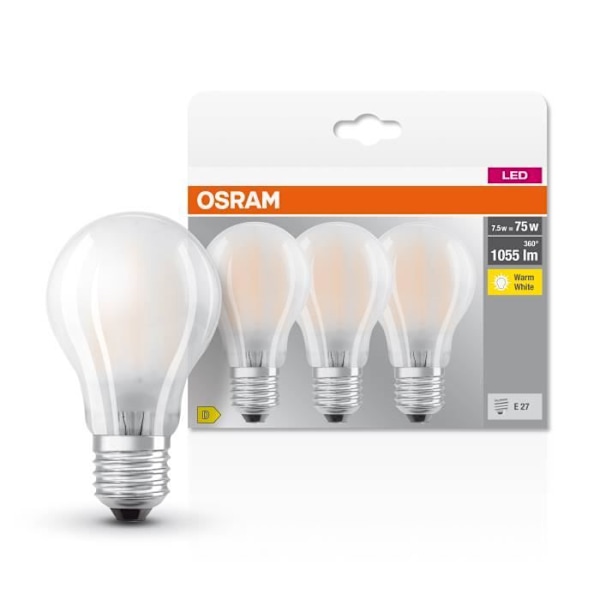 3x OSRAM LED BASE Classic A75, LED-lampor med frostat glasfilament för E27 bas, glödlampsform, varmvit (2700K), 1055 Vit