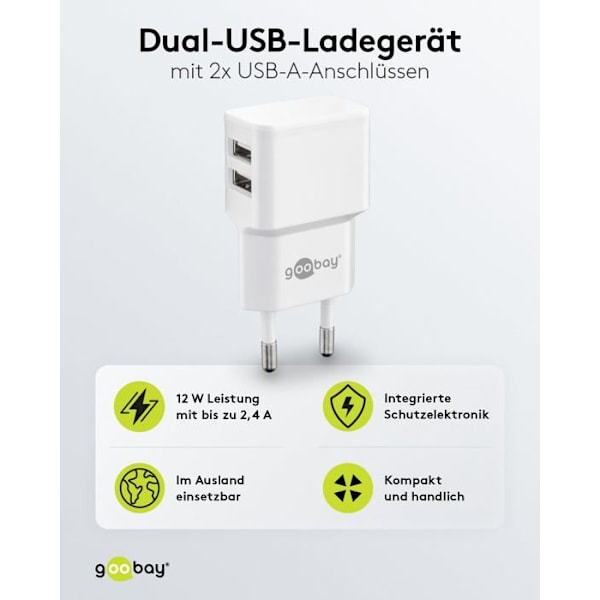Goobay 44952 USB-laddare - Utström 2,4 A - 2 x USB 2.0 typ A hona Vit