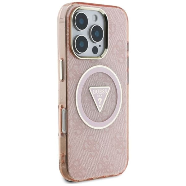 Coque Guess IML Metal Glitter 4G Circle Triangle MagSafe för iPhone 16 Pro (rosa)