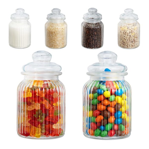 Relaxdays set med 6 glasburkar, 1000ml, lock, för livsmedel i köket, godisbar, hermetiskt, transparent transparent