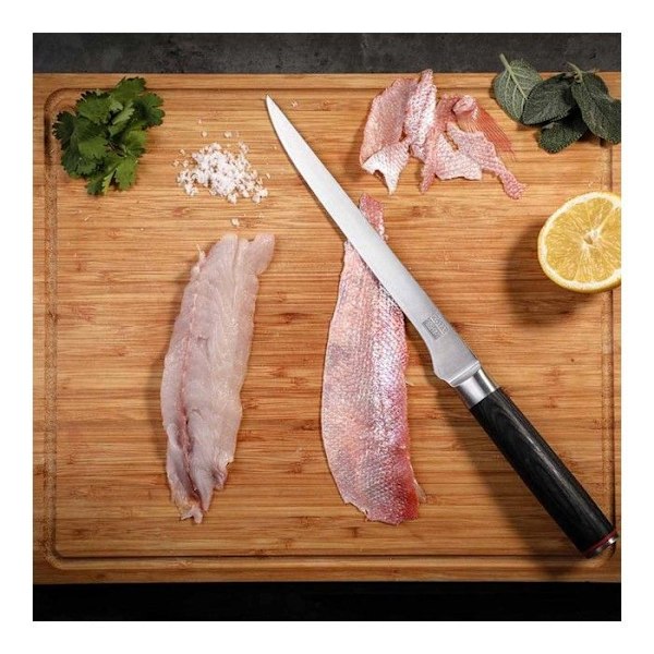 Fiskkniv för rensning av turbot med saya och bambuask - blad 20 cm - Kotai