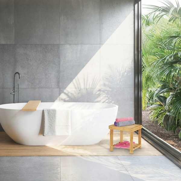 Relaxdays badrumspall i solid bambu, fotstöd, upp till 100 kg, H x B x D 33,5 x 25 x 39 cm, naturell ljusbrun
