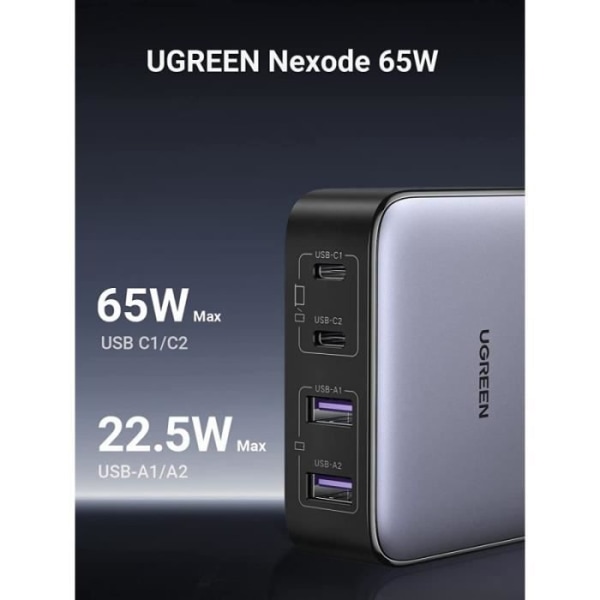 4-portars USB C-laddare med GaN II Tech -UGREEN Nexode 65W - Strömkabel medföljer 2M