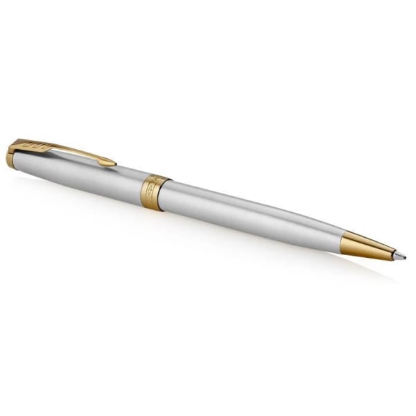 PARKER Sonnet kulspetspenna, rostfritt stål, guldkant, svart medium spetspåfyllning, presentförpackning