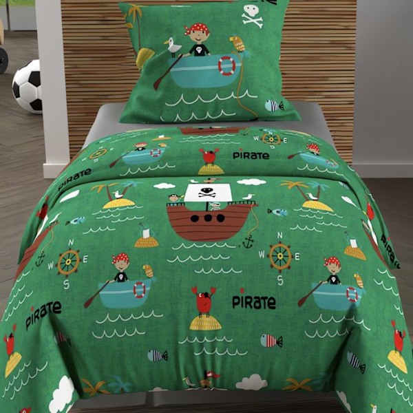 Påslakanset 120x150 cm PIRATES green, 100% bomull 57 trådar/cm2, av Soleil d'Ocre Grön