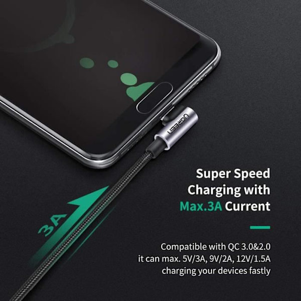 UGREEN 90 graders vinklad USB C-kabel 3A snabbladdning flätad nylon, 1M