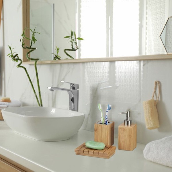 Relaxdays Bamboo Badrumstillbehör 3-delat set Tvåldispenser Tumbler Tandborste Tvålkopp, naturlig ljusbrun, silverfärgad