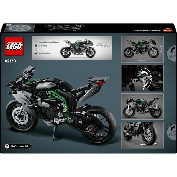 LEGO Technic 42170 Kawasaki Ninja H2R motorcykel, presentidé för barn, kreativ leksak Grå och grön