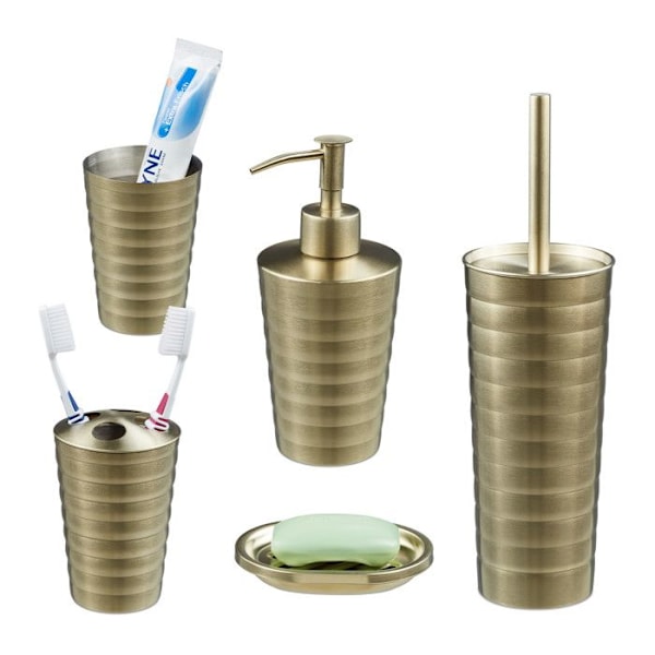 Relaxdays badrumstillbehör, 5 delar, i borstad rostfritt stål och plast, modern och harmonisk design, guld. gyllene