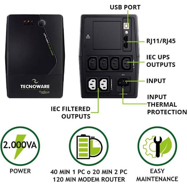 Ondulator - Tecnoware - ERA PLUS 2000 - 2000VA - Överspänningsskydd - Autonomi 10 min